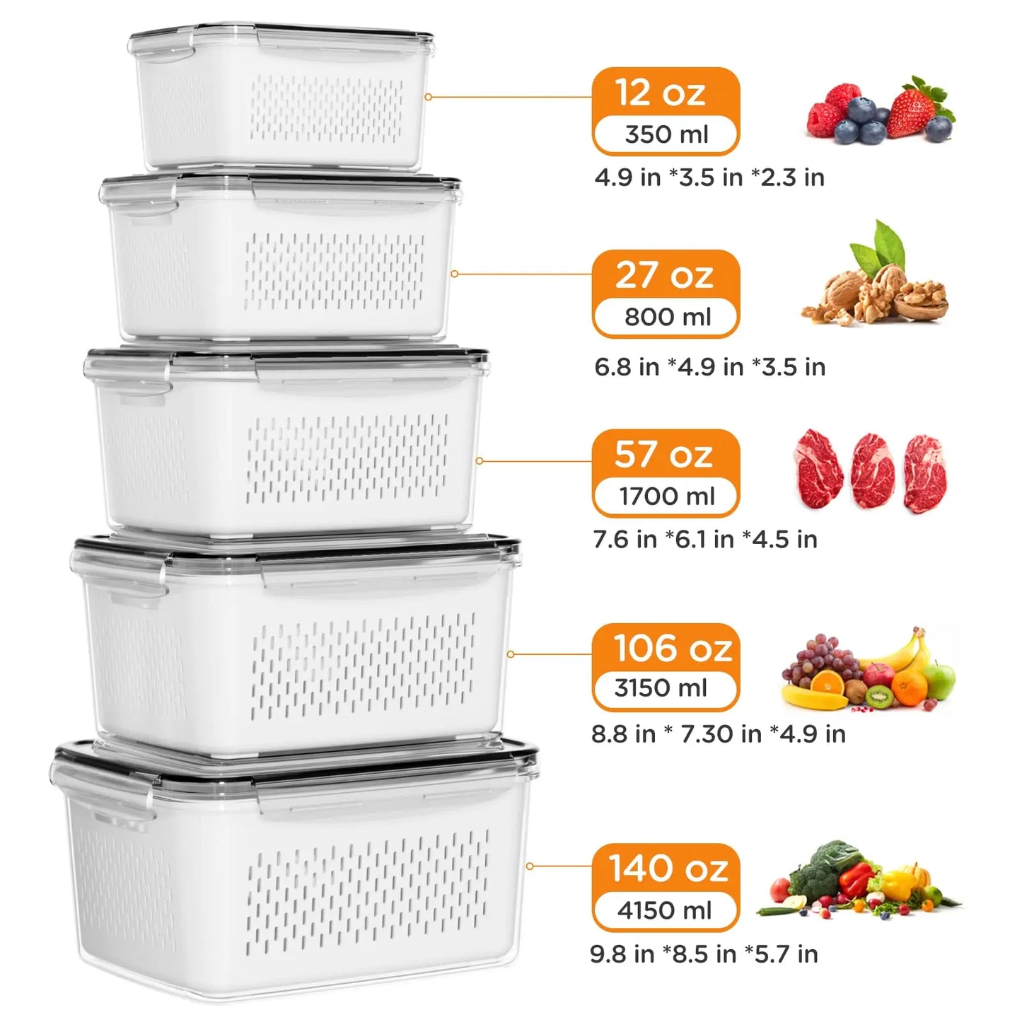 5 Pack Fridge Storage Containers with Removable Colander, Stackable Fruit & Vegetable Organizers, BPA-Free Food Storage Containers for Salad, Berries, Lettuce & Produce Freshness Keeper