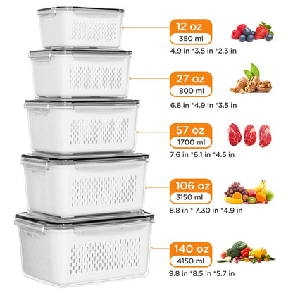 5 Pack Fridge Storage Containers with Removable Colander, Stackable Fruit & Vegetable Organizers, BPA-Free Food Storage Containers for Salad, Berries, Lettuce & Produce Freshness Keeper