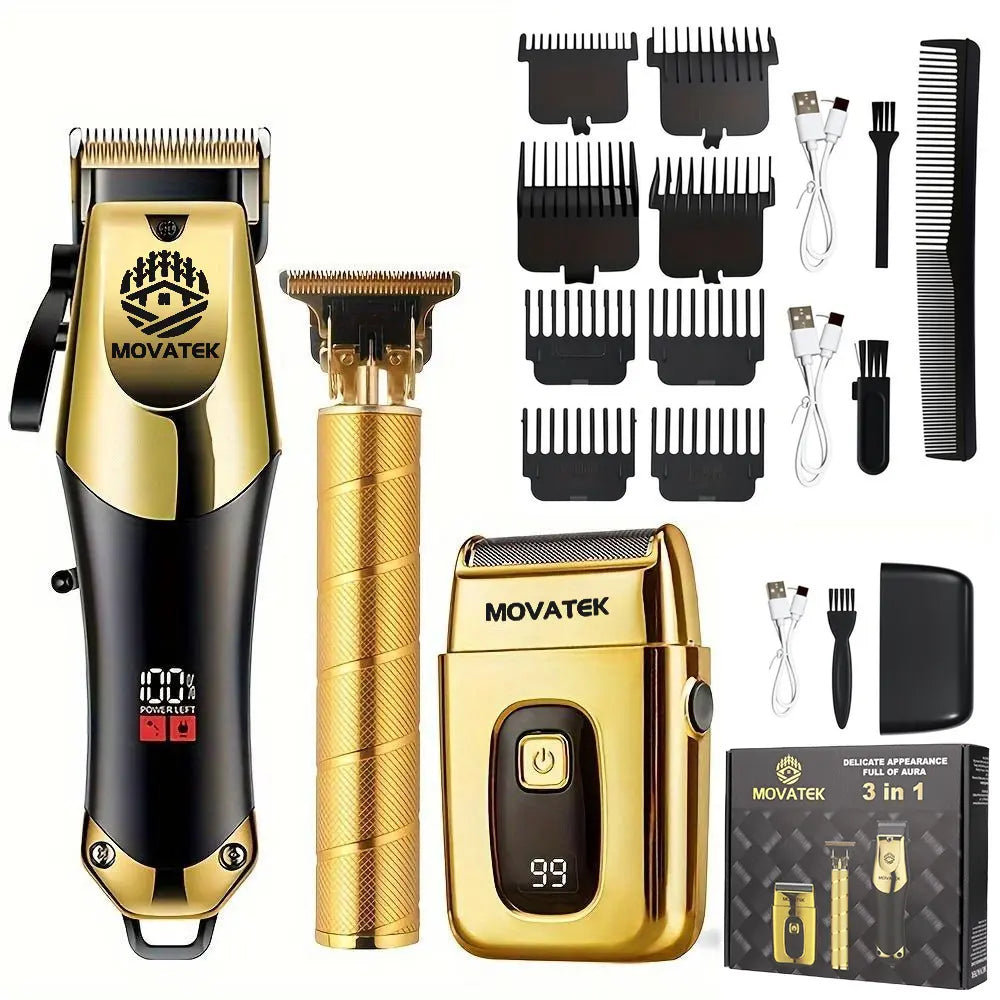 3-Piece Cordless Hair Clipper & Trimmer Kit for Men, USB Rechargeable Barber Set with LCD Display & Adjustable Blades