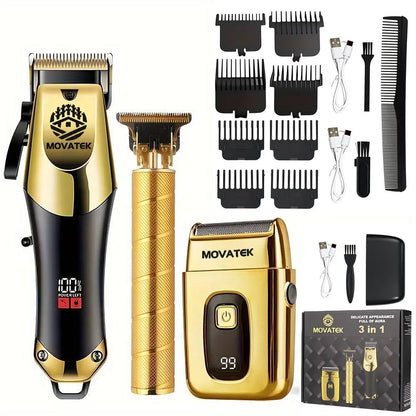 3-Piece Cordless Hair Clipper & Trimmer Kit for Men, USB Rechargeable Barber Set with LCD Display & Adjustable Blades