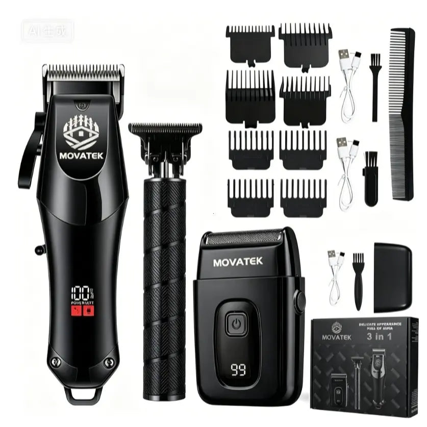 3-Piece Cordless Hair Clipper & Trimmer Kit for Men, USB Rechargeable Barber Set with LCD Display & Adjustable Blades