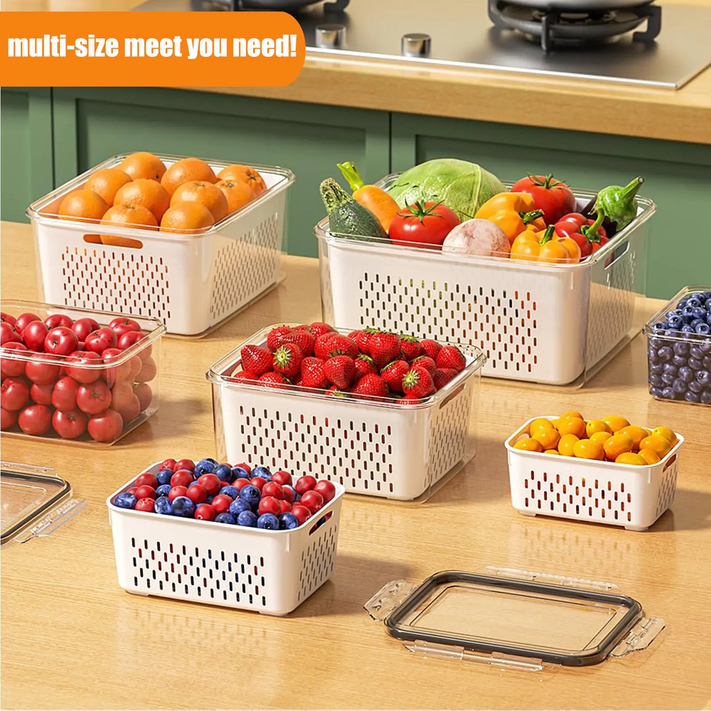 5 Pack Fridge Storage Containers with Removable Colander, Stackable Fruit & Vegetable Organizers, BPA-Free Food Storage Containers for Salad, Berries, Lettuce & Produce Freshness Keeper