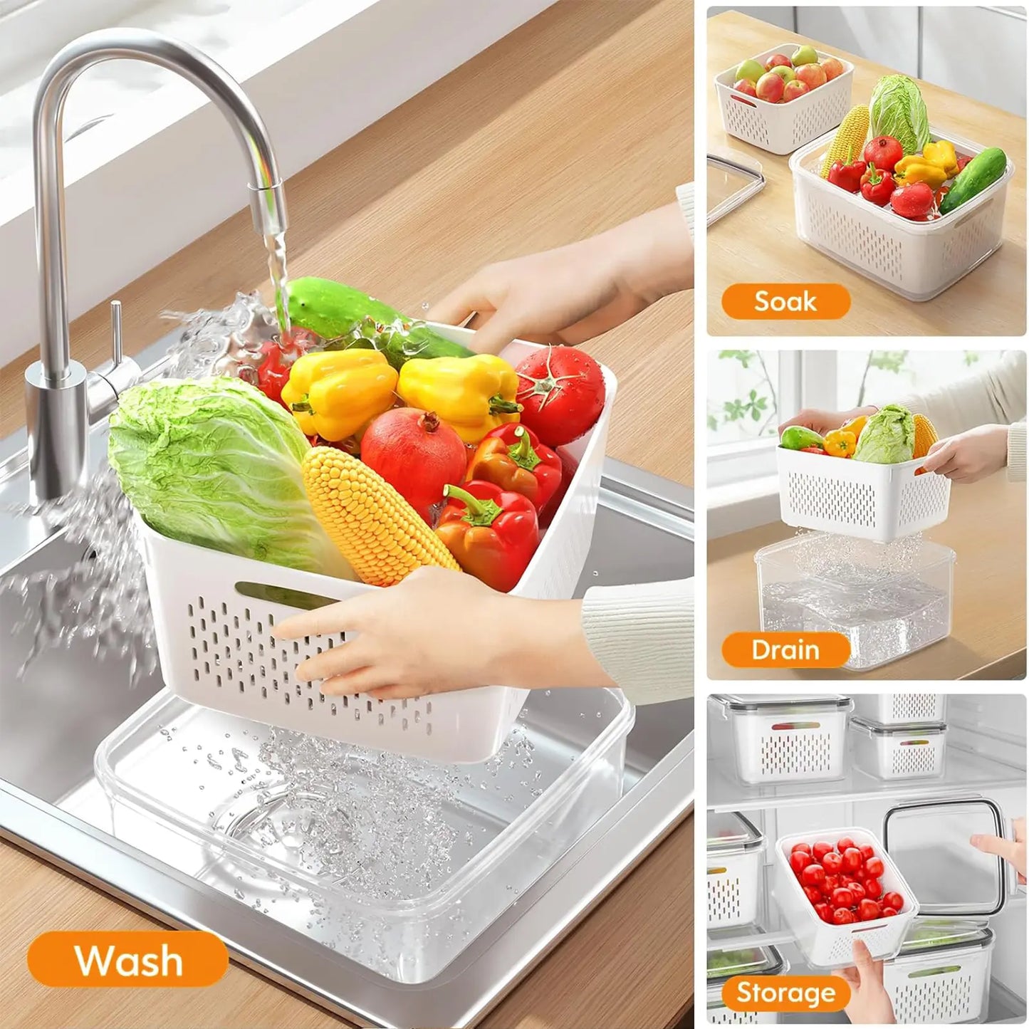 5 Pack Fridge Storage Containers with Removable Colander, Stackable Fruit & Vegetable Organizers, BPA-Free Food Storage Containers for Salad, Berries, Lettuce & Produce Freshness Keeper