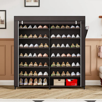 7-Tier Shoe Rack Organizer for 42 Pairs of Shoes, Double Row Portable Shoe Storage Cabinet with Dustproof Cover, Non-Woven Fabric & Metal Frame for Closet, Garage, Entryway