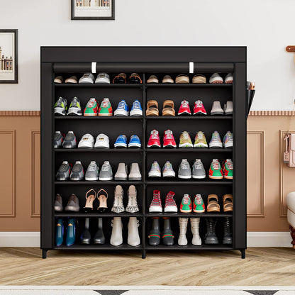 7-Tier Shoe Rack Organizer for 42 Pairs of Shoes, Double Row Portable Shoe Storage Cabinet with Dustproof Cover, Non-Woven Fabric & Metal Frame for Closet, Garage, Entryway