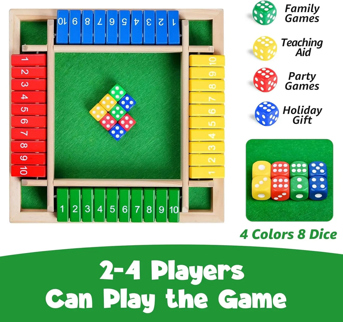 Shut The Box Game,2-4 Player Family WoodenBoard Games,Family Math Games for Adultsand Kids,8 Dices Classics Tabletop Games forClassroom,Home,Party,Christmas Gift