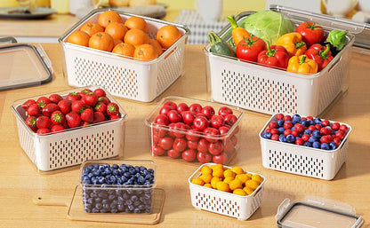 5 Pack Fridge Storage Containers with Removable Colander, Stackable Fruit & Vegetable Organizers, BPA-Free Food Storage Containers for Salad, Berries, Lettuce & Produce Freshness Keeper