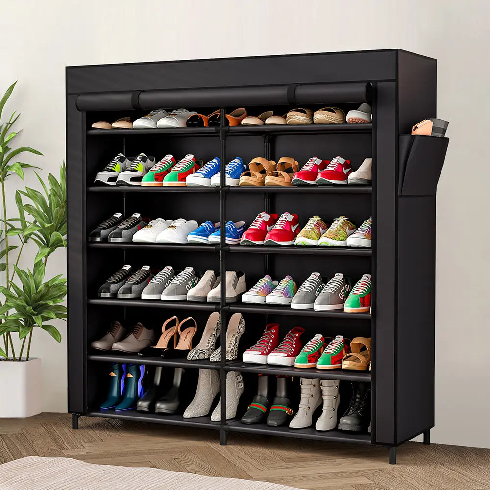 7-Tier Shoe Rack Organizer for 42 Pairs of Shoes, Double Row Portable Shoe Storage Cabinet with Dustproof Cover, Non-Woven Fabric & Metal Frame for Closet, Garage, Entryway