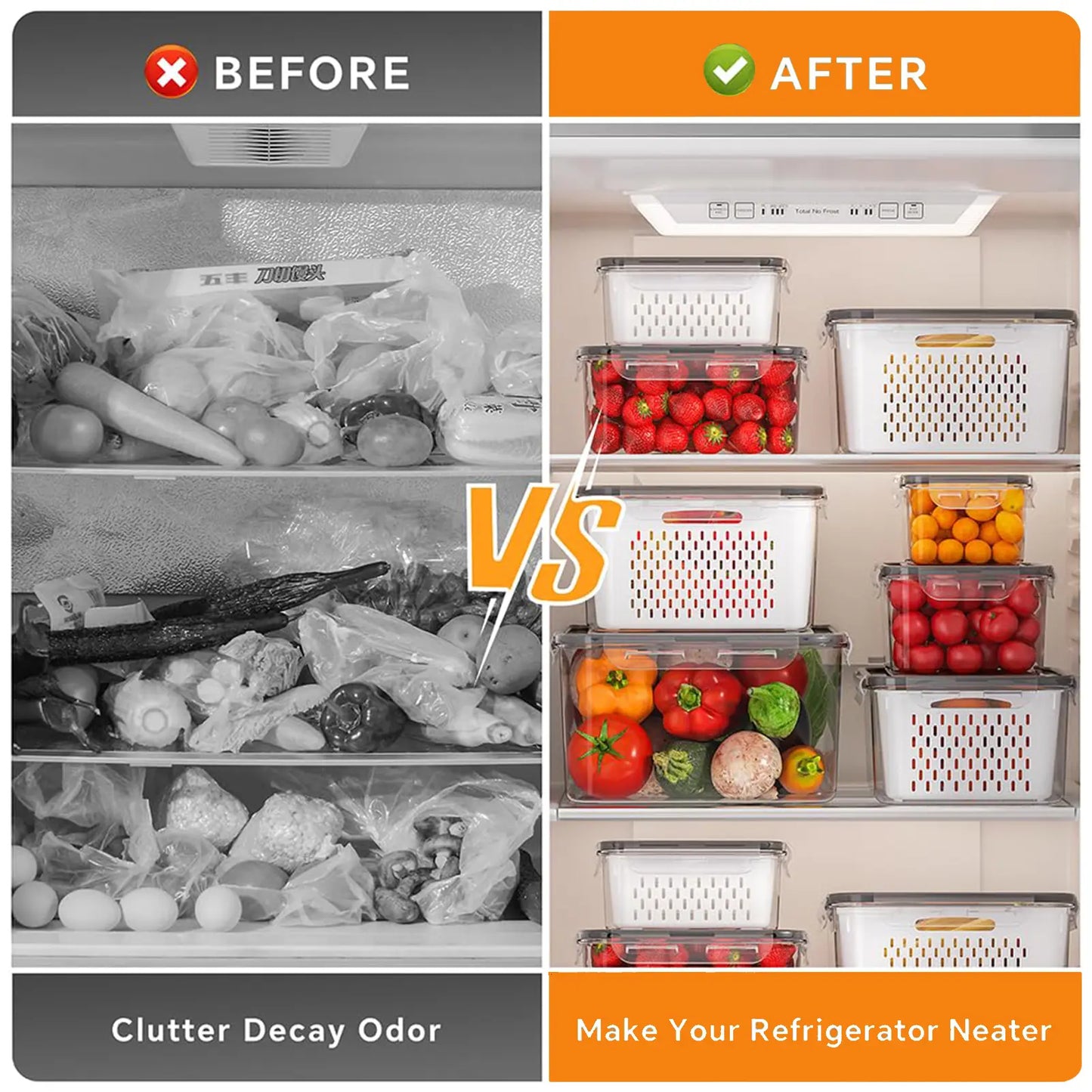 5 Pack Fridge Storage Containers with Removable Colander, Stackable Fruit & Vegetable Organizers, BPA-Free Food Storage Containers for Salad, Berries, Lettuce & Produce Freshness Keeper
