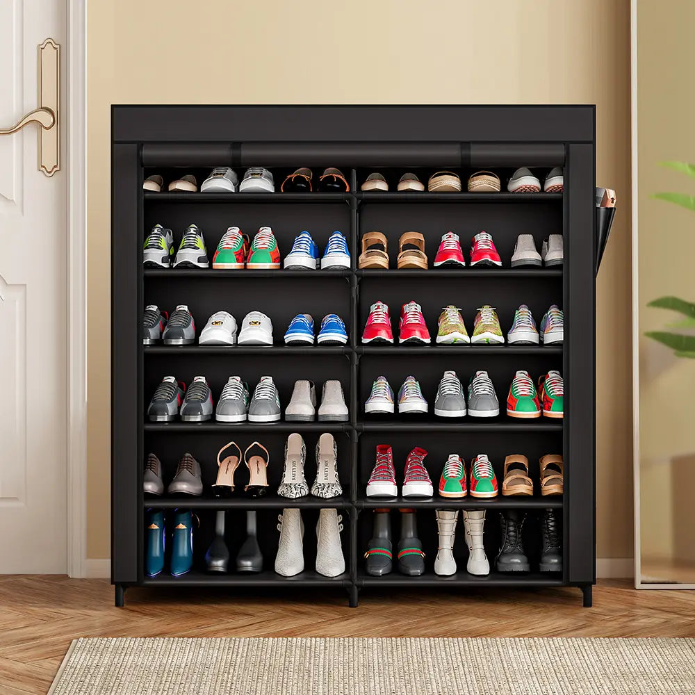 7-Tier Shoe Rack Organizer for 42 Pairs of Shoes, Double Row Portable Shoe Storage Cabinet with Dustproof Cover, Non-Woven Fabric & Metal Frame for Closet, Garage, Entryway