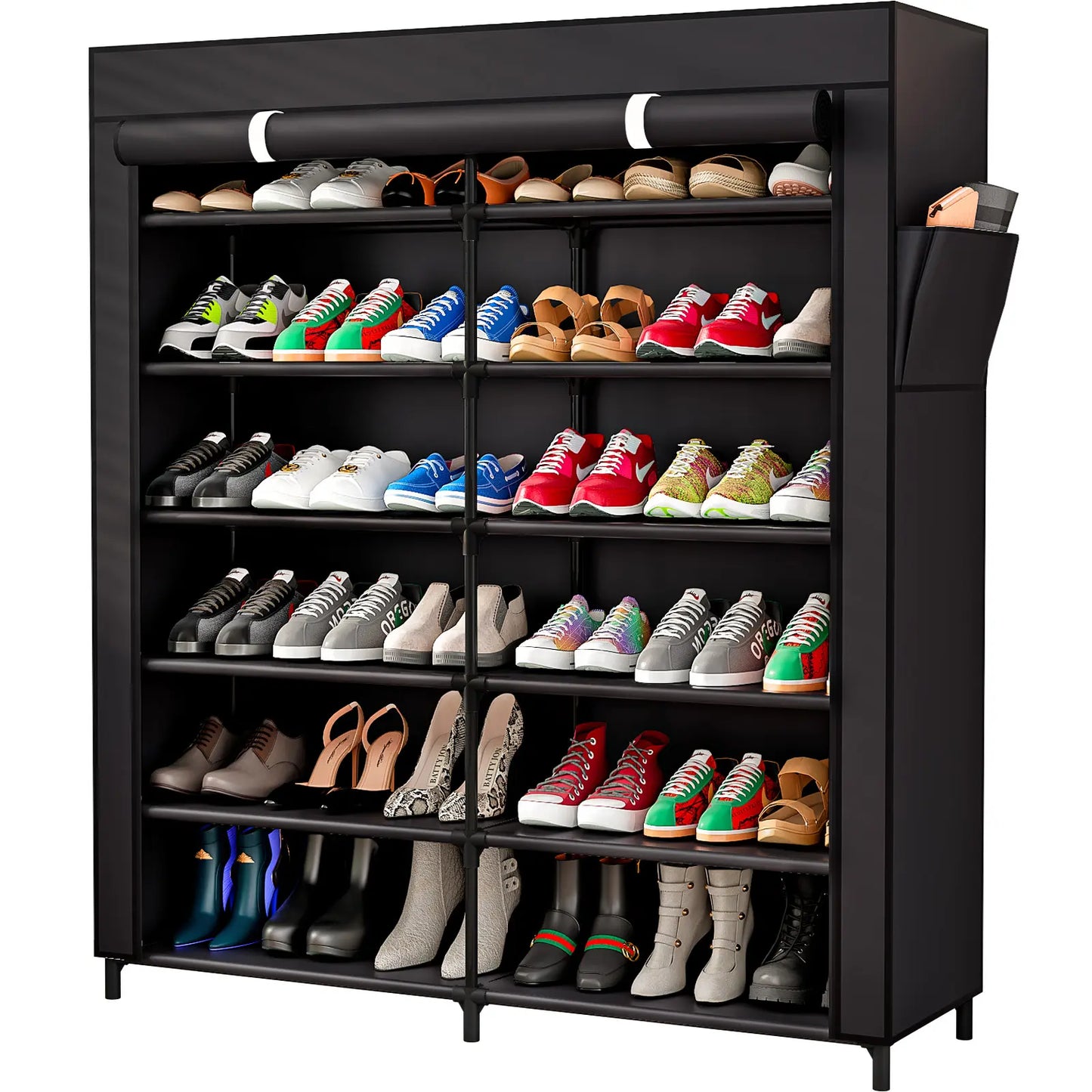 7-Tier Shoe Rack Organizer for 42 Pairs of Shoes, Double Row Portable Shoe Storage Cabinet with Dustproof Cover, Non-Woven Fabric & Metal Frame for Closet, Garage, Entryway