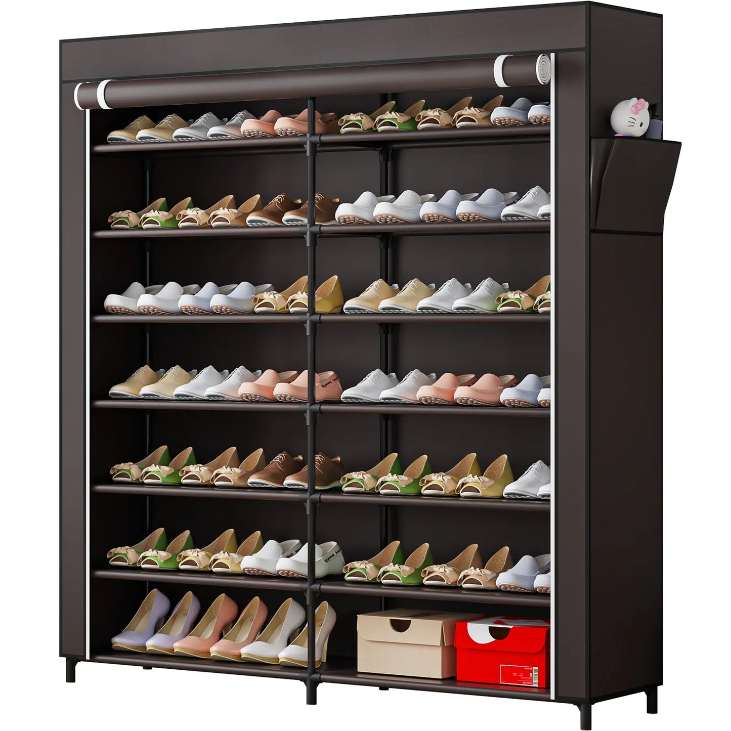 7-Tier Shoe Rack Organizer for 42 Pairs of Shoes, Double Row Portable Shoe Storage Cabinet with Dustproof Cover, Non-Woven Fabric & Metal Frame for Closet, Garage, Entryway