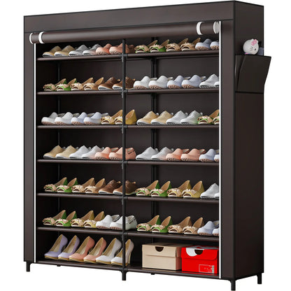 7-Tier Shoe Rack Organizer for 42 Pairs of Shoes, Double Row Portable Shoe Storage Cabinet with Dustproof Cover, Non-Woven Fabric & Metal Frame for Closet, Garage, Entryway