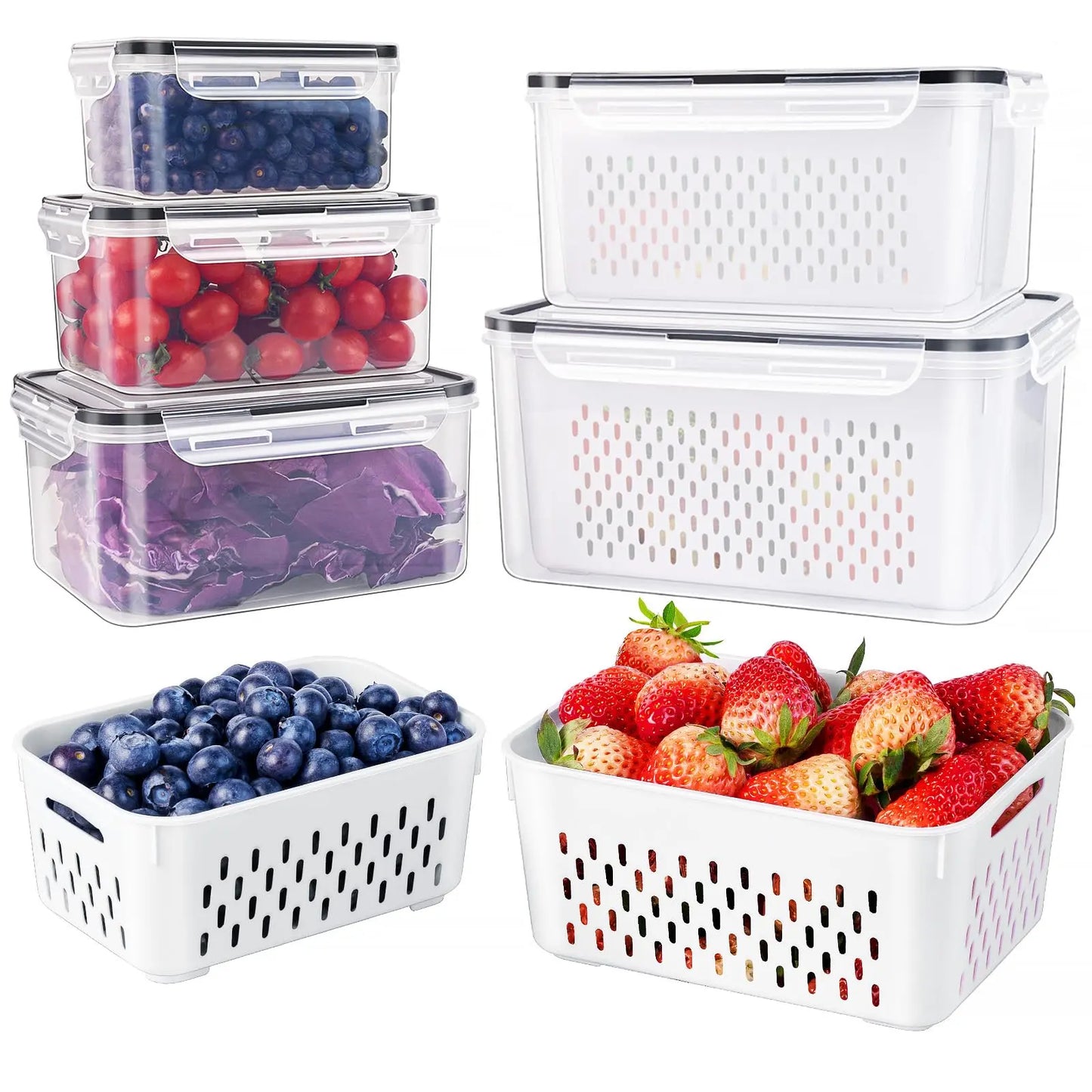 5 Pack Fridge Storage Containers with Removable Colander, Stackable Fruit & Vegetable Organizers, BPA-Free Food Storage Containers for Salad, Berries, Lettuce & Produce Freshness Keeper