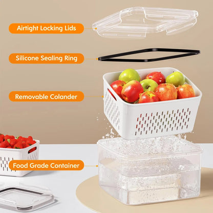 5 Pack Fridge Storage Containers with Removable Colander, Stackable Fruit & Vegetable Organizers, BPA-Free Food Storage Containers for Salad, Berries, Lettuce & Produce Freshness Keeper