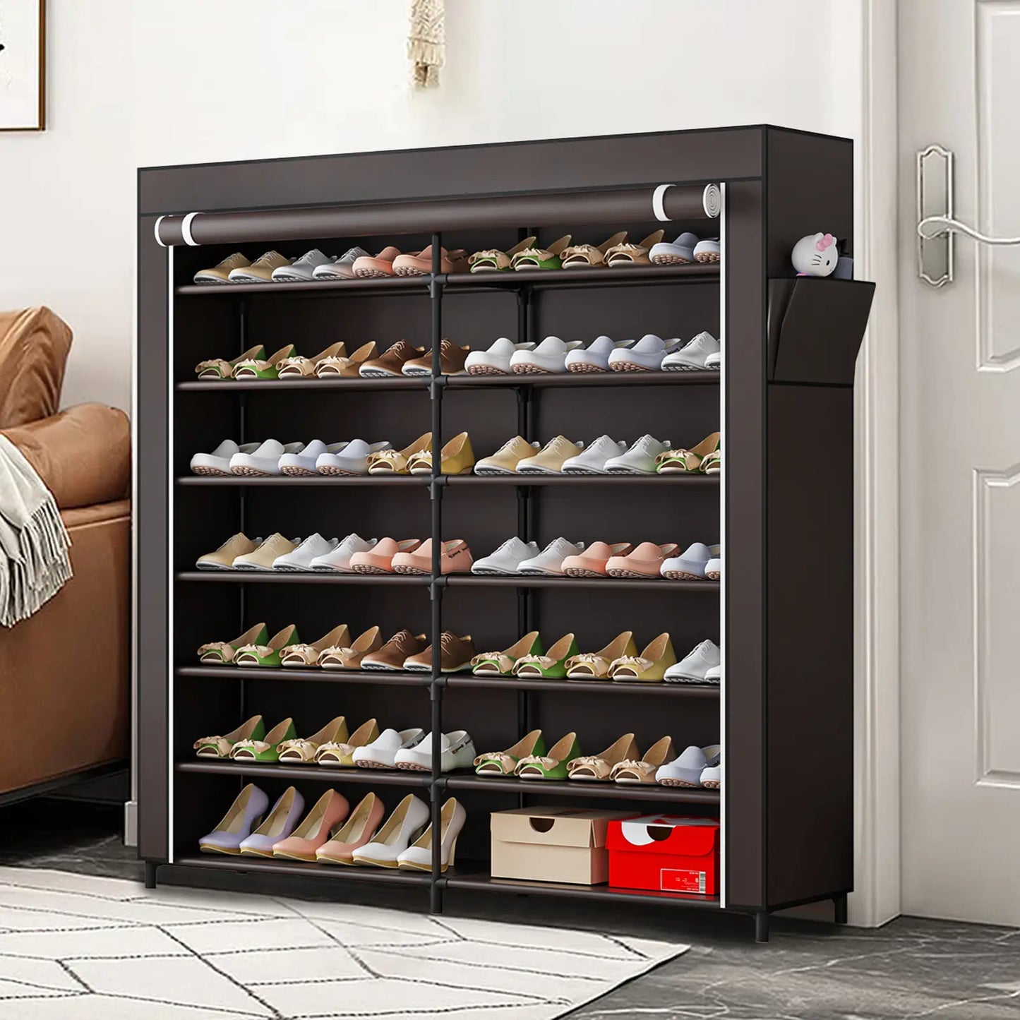 7-Tier Shoe Rack Organizer for 42 Pairs of Shoes, Double Row Portable Shoe Storage Cabinet with Dustproof Cover, Non-Woven Fabric & Metal Frame for Closet, Garage, Entryway