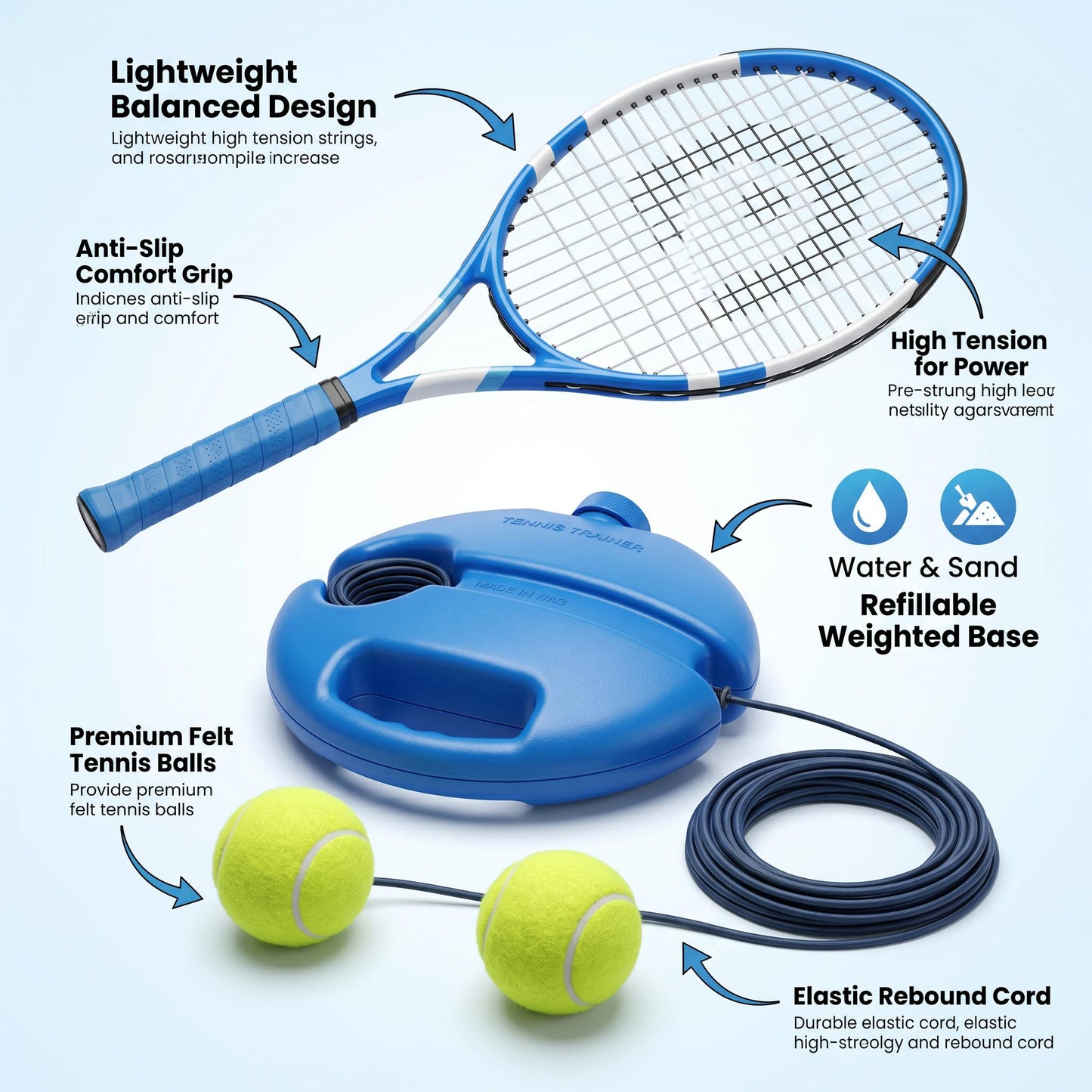 Solo Tennis Trainer Rebound Set with Racket &2 Balls - Portable Self-Practice Equipment