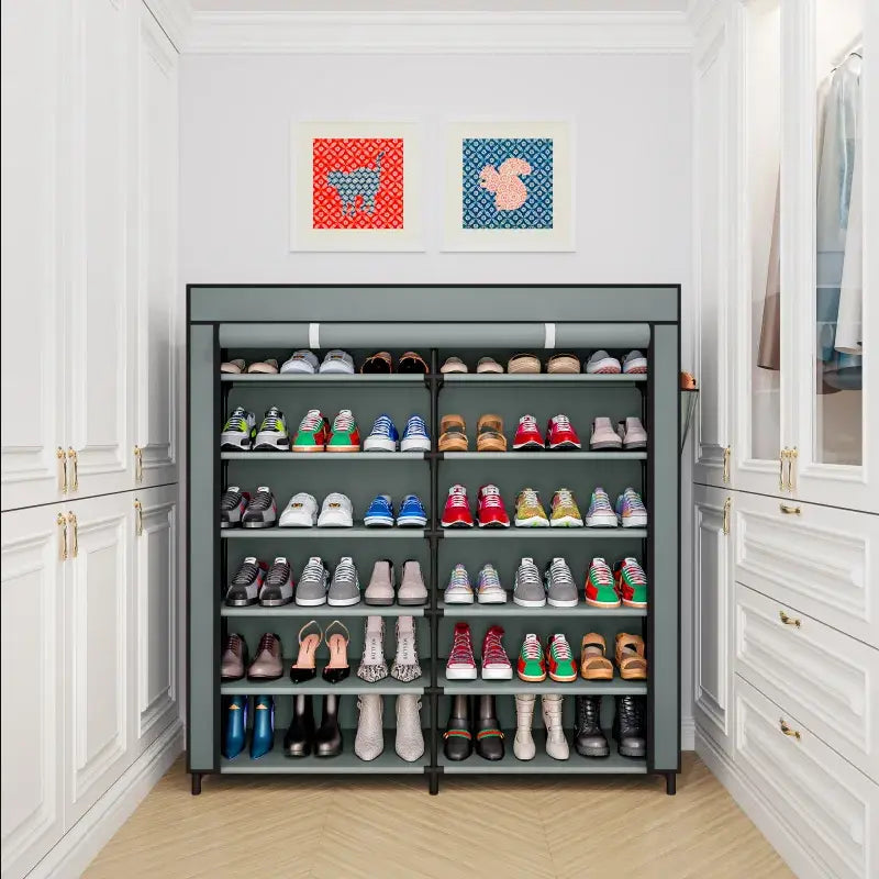 7-Tier Shoe Rack Organizer for 42 Pairs of Shoes, Double Row Portable Shoe Storage Cabinet with Dustproof Cover, Non-Woven Fabric & Metal Frame for Closet, Garage, Entryway
