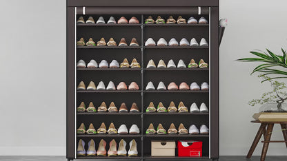 7-Tier Shoe Rack Organizer for 42 Pairs of Shoes, Double Row Portable Shoe Storage Cabinet with Dustproof Cover, Non-Woven Fabric & Metal Frame for Closet, Garage, Entryway